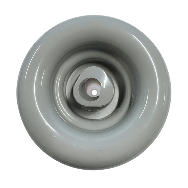 Direct overhead front view of a grey HydroAir adjustable VSR spa jet internal insert, featuring a smooth rounded outer bezel ring and a central rotational nozzle.