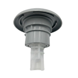 Three-quarter rear bottom view of a grey HydroAir adjustable VSR spa jet internal insert, showing the smooth circular face bezel back, grey main housing cylinder, and translucent white plastic stem with ribbed supports.