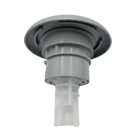 Three-quarter rear bottom view of a grey HydroAir adjustable VSR spa jet internal insert, showing the smooth circular face bezel back, grey main housing cylinder, and translucent white plastic stem with ribbed supports.