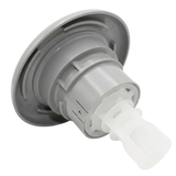 Three-quarter rear angled studio view of a grey HydroAir adjustable VSR spa jet internal insert, showing the backside of the outer bezel, stepped body collar, and extending translucent white stem.