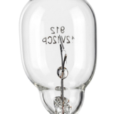 Macro close-up view of an inground spa GE912 12V light globe, detailing the internal wire filament, central glass support bead, and mirrored reverse text stamp on the glass envelope.