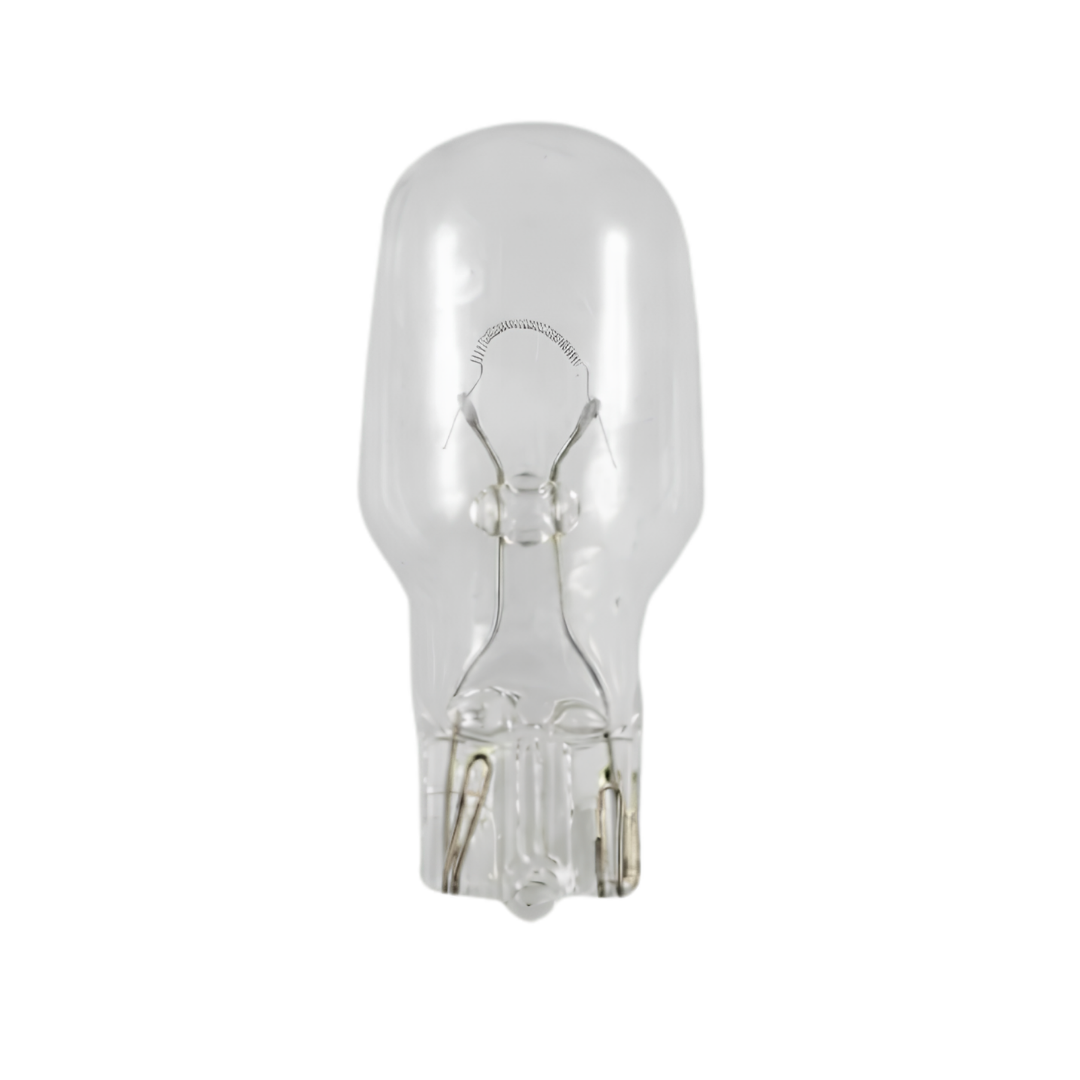 Front view of an unmarked inground spa GE912 12V light globe, showing the clear glass envelope, internal wire filament, and T10 wedge base.