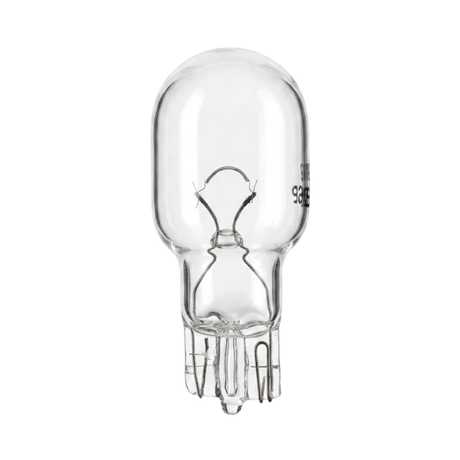 Front view of an inground spa GE912 12V incandescent light globe, showing a clear glass envelope, internal filament wire structure, and a T10 wedge base.