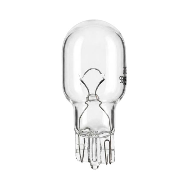 Front view of an inground spa GE912 12V incandescent light globe, showing a clear glass envelope, internal filament wire structure, and a T10 wedge base.