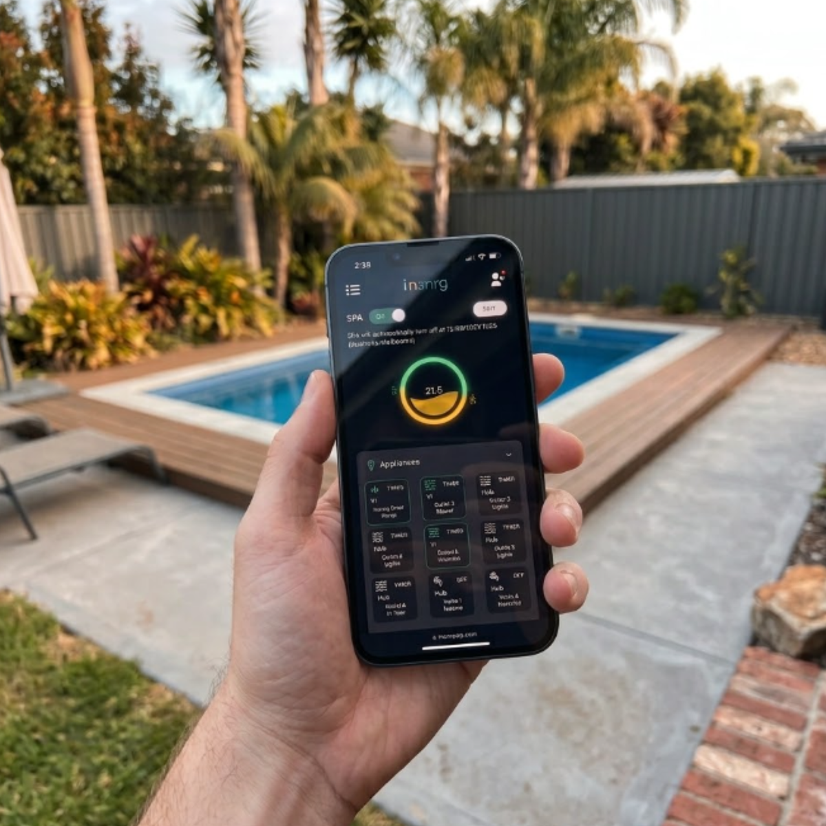 A hand holds a smartphone displaying a smart pool control app in an outdoor backyard setting with a swimming pool, palm trees, and a patio in the background.