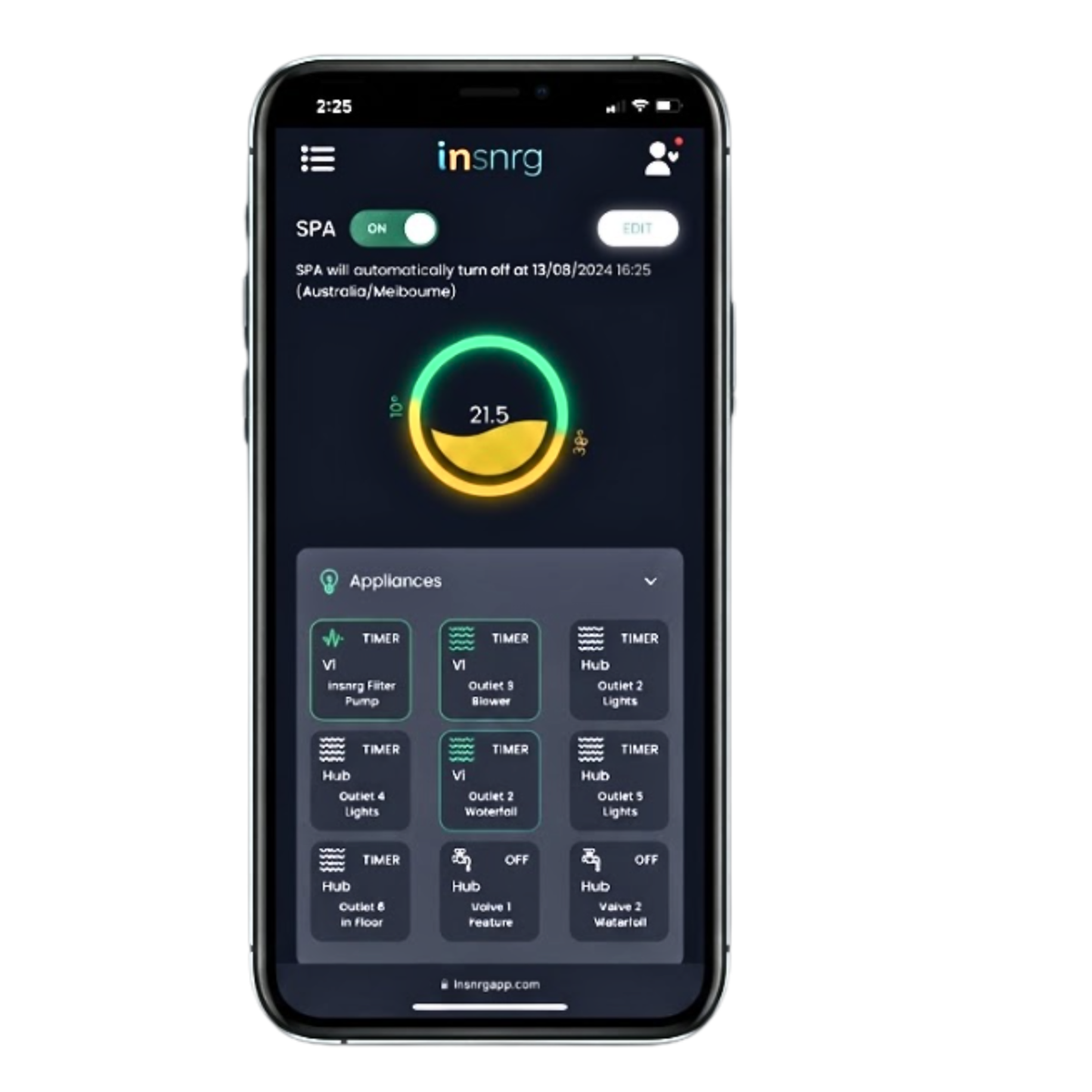 Front panel of Insnrg HIpool heat pump featuring wifi on phone