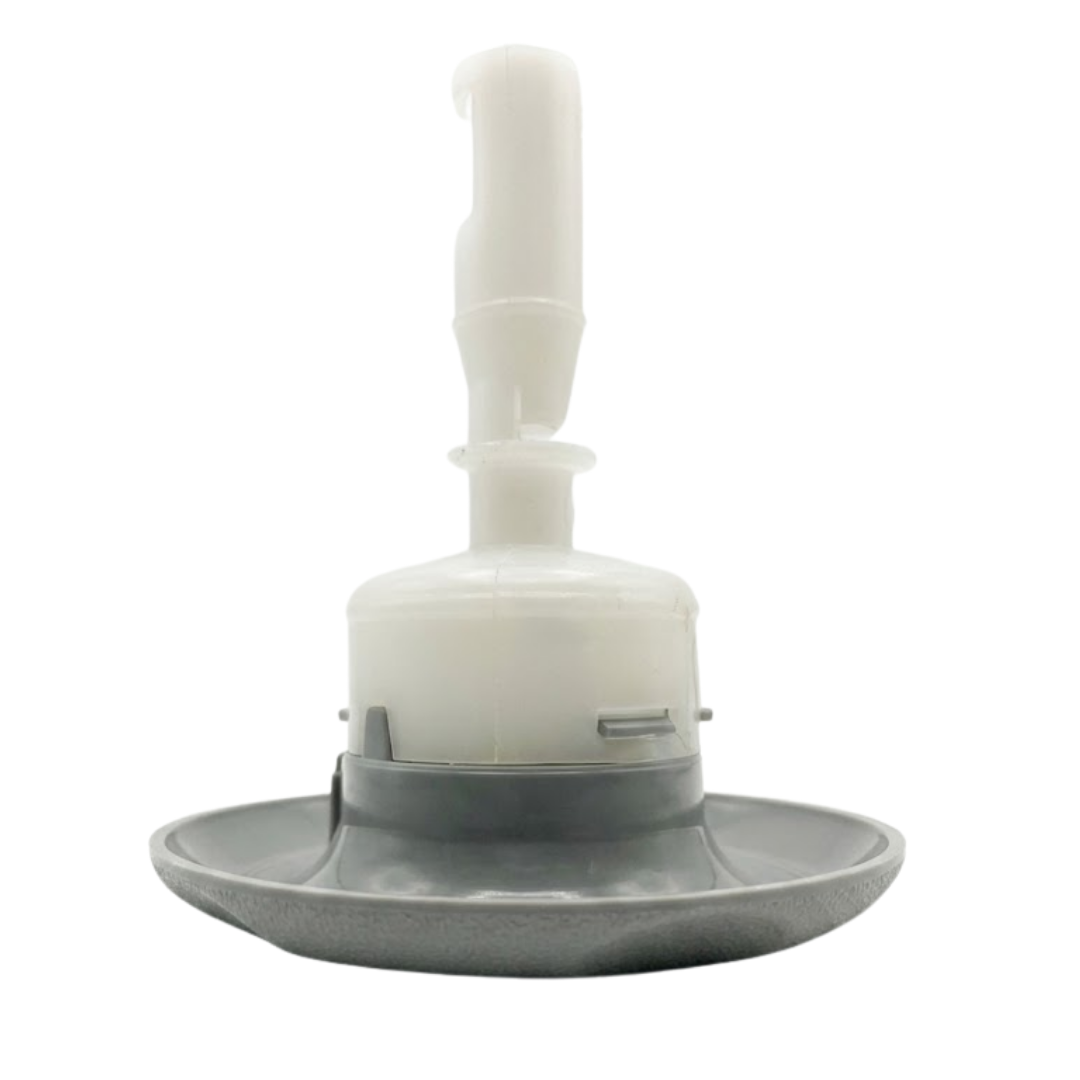 Profile view of the body housing and stem assembly on a Jet Cyc Luxury Adj Swirl Emerald 3.5 spa jet insert, showing the grey face flange, inner collar clips, translucent white casing, and extended stem.