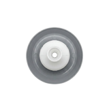 Direct overhead bottom-up view of the rear assembly on a Jet Cyc Luxury Adj Swirl Emerald 3.5 spa jet insert, showing the dark grey face flange, grey inner collar ring, and central white plastic stem.
