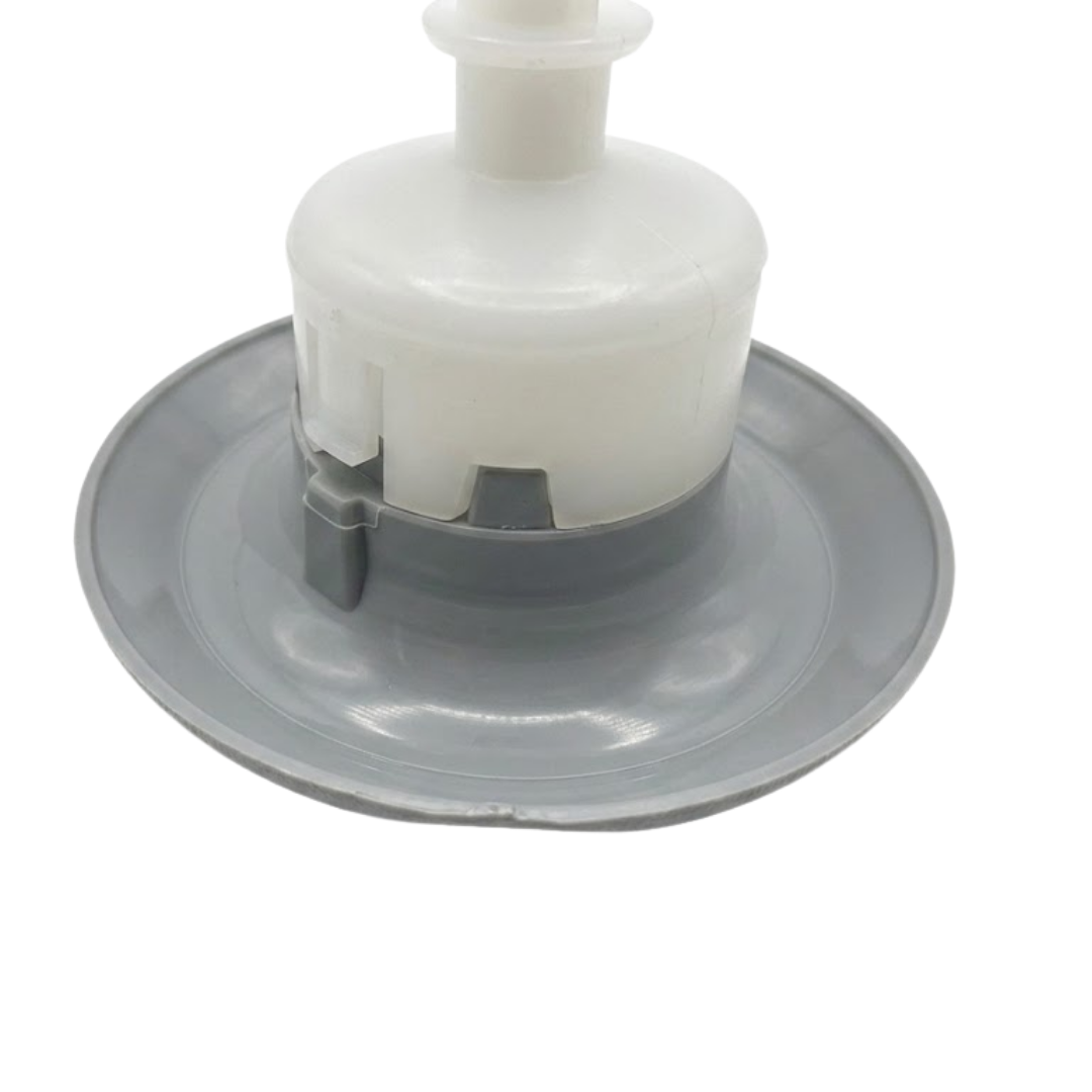 Close-up angled view of the rear face flange housing on a Jet Cyc Luxury Adj Swirl Emerald 3.5 spa jet insert, showing the grey face plate ring, inner locking clips, and lower white translucent body casing.