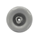 Direct overhead front view of a Jet Cyc Luxury Adj Swirl Emerald 3.5 spa jet insert, featuring a textured light grey scalloped bezel and a dark grey internal housing with a central rotational swirl nozzle.
