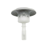 Side profile view of a Jet Cyc Luxury Adj Swirl Emerald 3.5 spa jet insert, showing the light grey scalloped bezel face, grey inner collar, white translucent body housing, and slim lower stem.