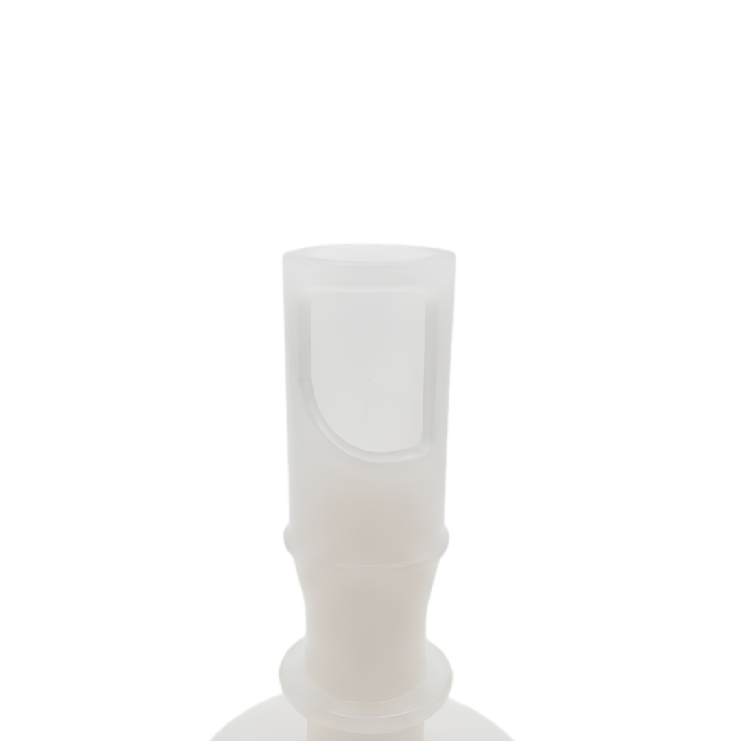 Close-up view of the translucent white plastic lower stem on a Jet Cyc Luxury Adj Swirl Emerald 3.5 spa jet insert, showing the side port cutout notch and lower retaining lip.