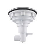 Side profile view of a Jumbo Massage 7in Artesian spa jet internal insert, showing the stainless steel bezel rim, white plastic stepped body casing with locking ribs, and white rear stem with side air/water ports.