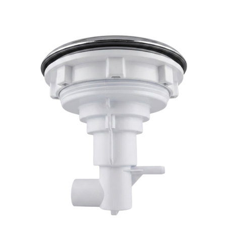 Side profile view of a Jumbo Massage 7in Artesian spa jet internal insert, showing the stainless steel bezel rim, white plastic stepped body casing with locking ribs, and white rear stem with side air/water ports.