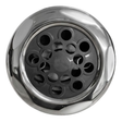 Direct overhead front view of a Jumbo massage 7in artesian spa jet internal insert, showing a scalloped polished stainless steel outer bezel surrounding a dark grey multi-port massage nozzle faceplate.