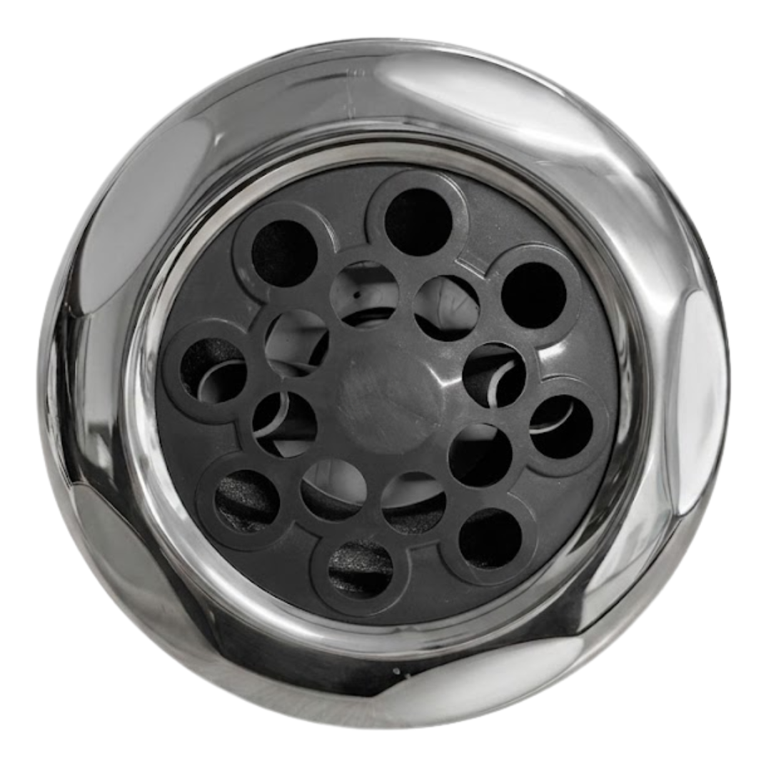Direct overhead front view of a Jumbo massage 7in artesian spa jet internal insert, showing a scalloped polished stainless steel outer bezel surrounding a dark grey multi-port massage nozzle faceplate.