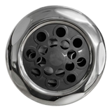 Direct overhead front view of a Jumbo massage 7in artesian spa jet internal insert, showing a scalloped polished stainless steel outer bezel surrounding a dark grey multi-port massage nozzle faceplate.