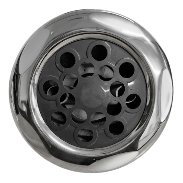 Direct overhead front view of a Jumbo massage 7in artesian spa jet internal insert, showing a scalloped polished stainless steel outer bezel surrounding a dark grey multi-port massage nozzle faceplate.