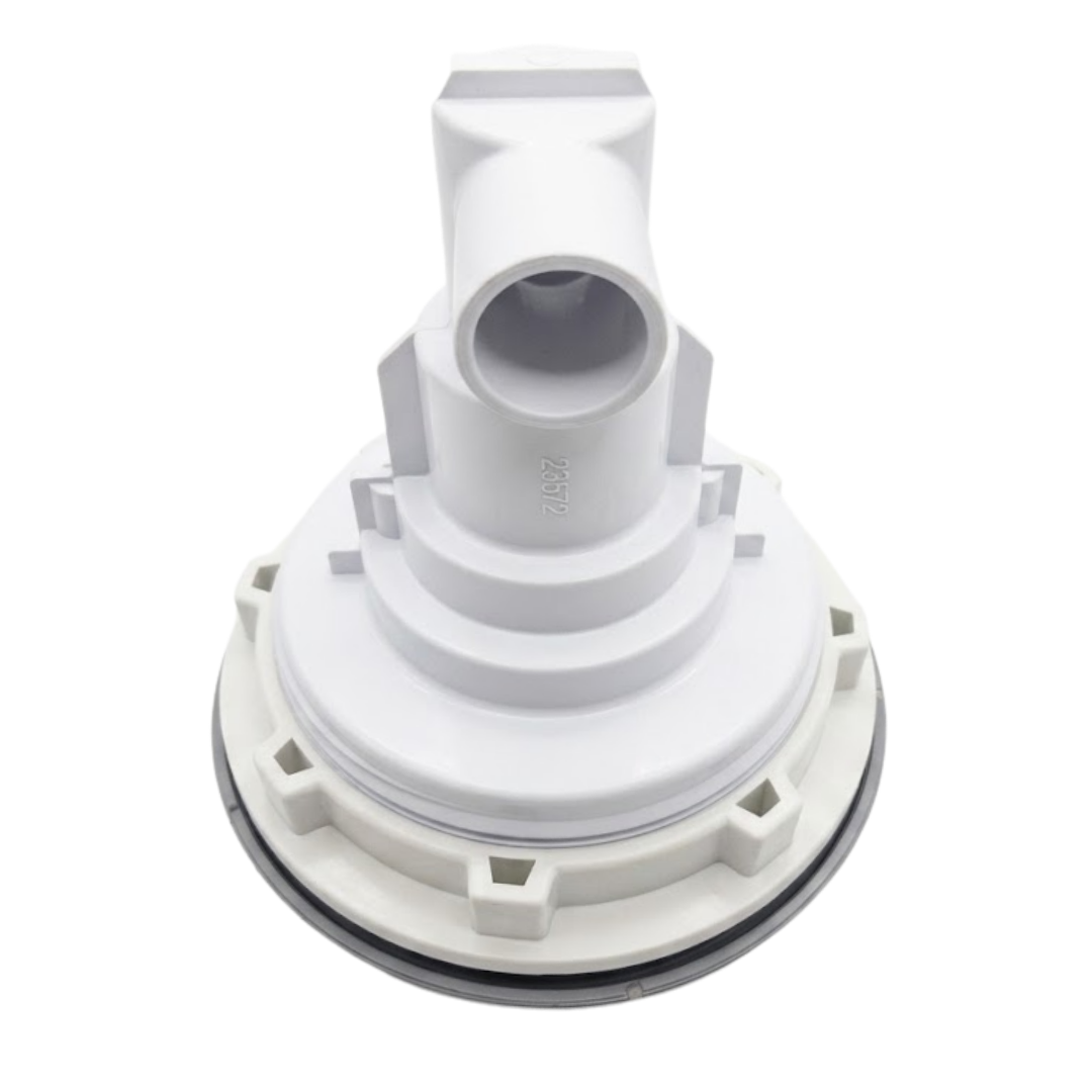 Profile view of the rear body and stem assembly on a Jumbo Mssg 7in spa jet internal insert, showing the white plastic stepped casing stamped with number 23572, perimeter notch tabs, and right-angle water intake port.
