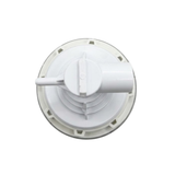 Direct overhead bottom-up view of the rear assembly on a Jumbo Mssg 7in spa jet internal insert, showing the white plastic casing with perimeter notch tabs, side water intake pipe, and perpendicular air barb.
