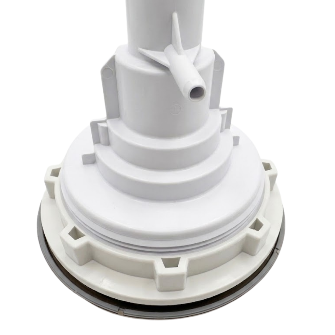 Close-up angled view of the rear body housing and face flange on a Jumbo Mssg 7in spa jet internal insert, showing the white plastic stepped casing with perimeter mounting notches and protruding air barb.
