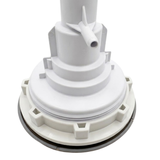 Close-up angled view of the rear body housing and face flange on a Jumbo Mssg 7in spa jet internal insert, showing the white plastic stepped casing with perimeter mounting notches and protruding air barb.