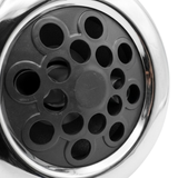 Close-up view of the dark grey multi-port massage nozzle faceplate on a Jumbo Mssg 7in spa jet internal insert, framed by a smooth stainless steel outer bezel.