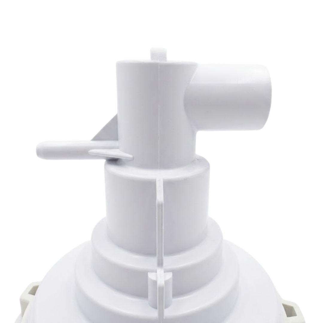 Close-up view of the white plastic rear stem assembly on a Jumbo Mssg 7in spa jet internal insert, showing the side water intake pipe and small barbed air line barb.