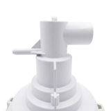 Close-up view of the white plastic rear stem assembly on a Jumbo Mssg 7in spa jet internal insert, showing the side water intake pipe and small barbed air line barb.
