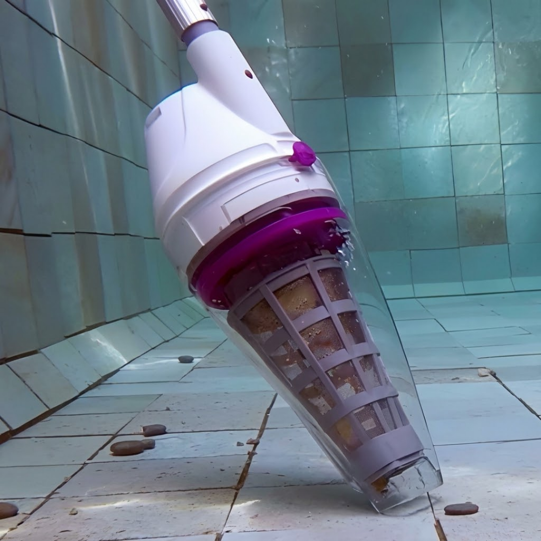 Underwater detail photo of the transparent debris canister and stainless steel mesh filter cone of a Kokido Telsa 50 pool vacuum submerged against tiled pool walls.
