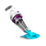 Kokido Telsa cordless rechargeable handheld pool and spa vacuum cleaner featuring a transparent debris body, purple accent trim, and a bright blue bristled vacuum head.