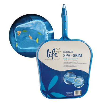 E-commerce product graphic of the Life Extenda Spa-Skim net in its blue and white retail packaging, isolated on a white background. The front details features such as a telescopic pole that extends to 1.2M and internal locking cams, alongside a circular inset showing the net skimming leaves from water.
