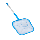 A studio product shot of the fully assembled Life Extenda Spa-Skim hot tub leaf skimmer net, isolated on a white background, showcasing its rounded blue frame with fine light-blue mesh netting attached to its silver aluminum telescopic handle.