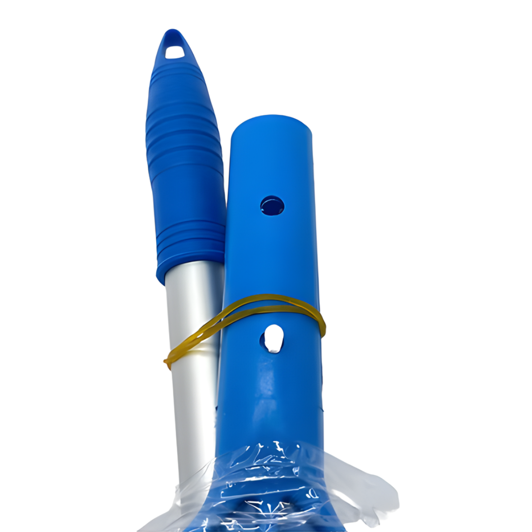 A detailed close-up shot of the blue ribbed plastic handle grip on a silver telescopic pole alongside the matching blue snap-fit pole connection tube of the Life Extenda Spa-Skim net, secured together with a yellow rubber band over a white background.