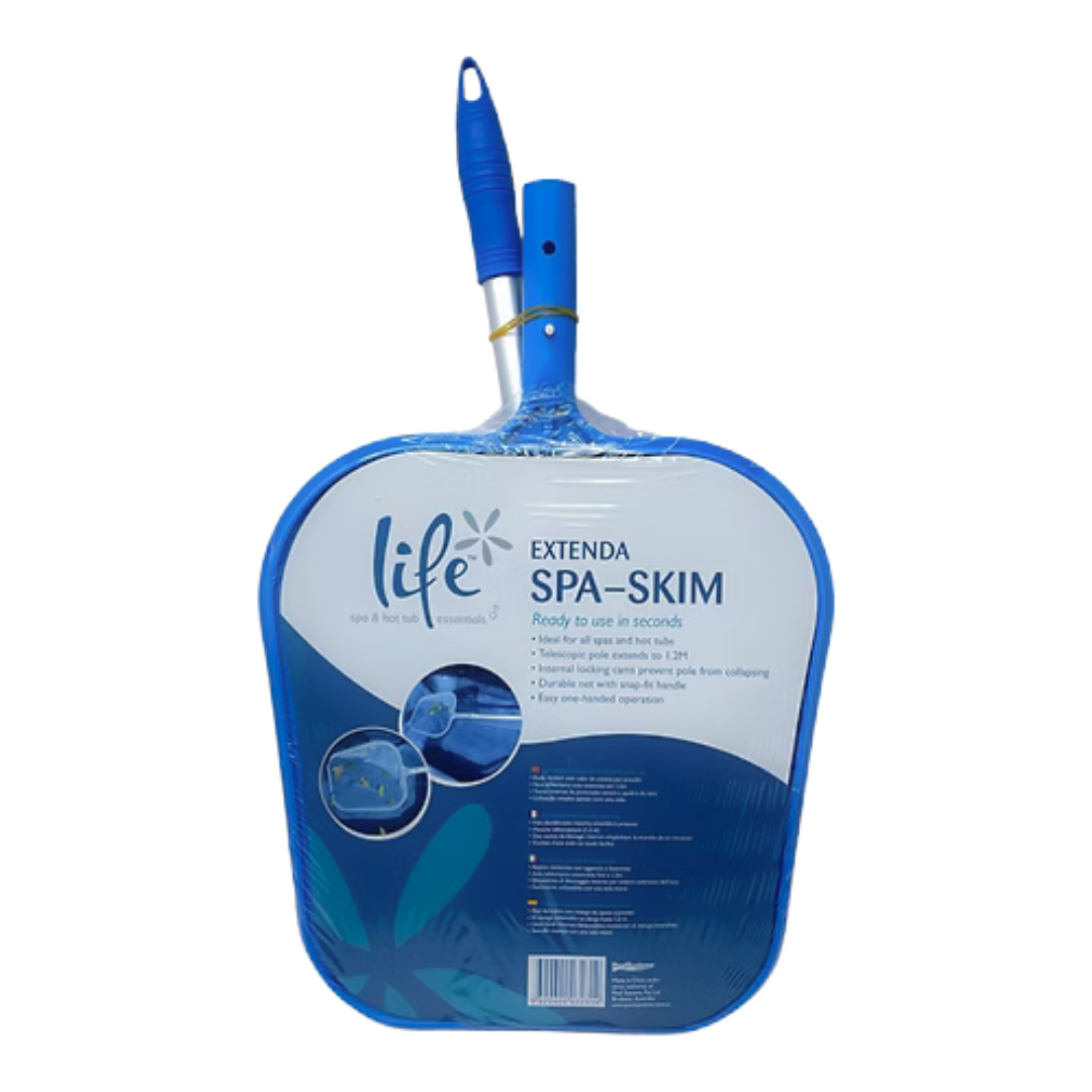 A studio product shot of the Life Extenda Spa-Skim telescopic hot tub leaf skimmer net in its blue and white retail packaging, isolated on a white background. The packaging displays the Life brand logo alongside feature highlights like an extendable 1.2M telescopic pole, built-in internal locking cams, and multi-language product specifications.