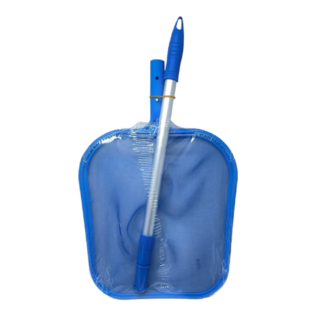 A studio product shot of the blue Life Extenda Spa-Skim hot tub leaf skimmer net wrapped in clear protective plastic film, isolated on a white background, displaying its rounded mesh scoop frame paired with its silver aluminum telescopic handle pole.