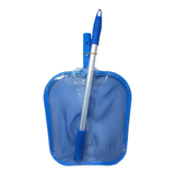 A studio product shot of the blue Life Extenda Spa-Skim hot tub leaf skimmer net wrapped in clear protective plastic film, isolated on a white background, displaying its rounded mesh scoop frame paired with its silver aluminum telescopic handle pole.