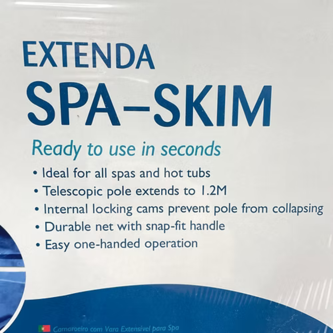 A close-up shot of the white and blue retail packaging card for the Extenda Spa-Skim. The text reads Ready to use in seconds and displays a bulleted list highlighting key features: Ideal for all spas and hot tubs, Telescopic pole extends to 1.2M, Internal locking cams prevent pole from collapsing, Durable net with snap-fit handle, and Easy one-handed operation.