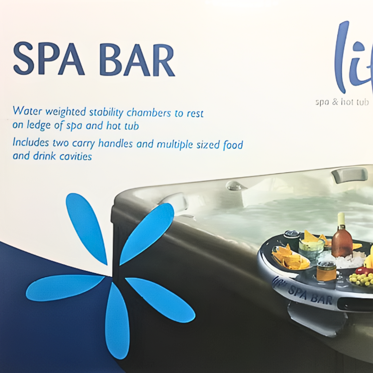 Inflatable Life Spa Bar floating snack and drink holder resting on a hot tub ledge filled with chips and beverages.
