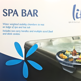 Inflatable Life Spa Bar floating snack and drink holder resting on a hot tub ledge filled with chips and beverages.
