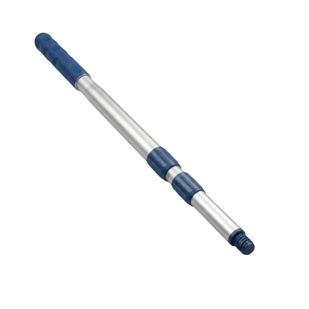 Angled view of a Life Spa 3-piece telescopic aluminum extension pole featuring blue twist-lock cams, an ergonomic handle, and a threaded adapter tip.