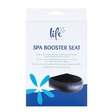 Retail product box packaging for the Life Spa & Hot Tub Essentials Spa Booster Seat, featuring a white box with text detailing its chemical-resistant textilene material and garden hose water-fill design, showing a graphic of the black inflatable hot tub cushion at the bottom.