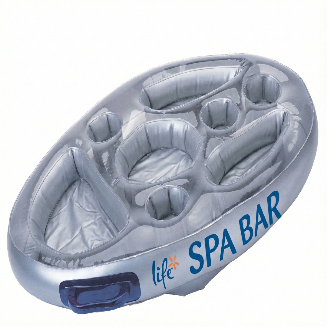 An empty, fully inflated silver Life Spa Bar floating snack tray and drink holder isolated on a white background, highlighting its multiple built-in beverage cavities, oval center compartment, side snack pockets, dark blue carrying handles, and blue brand logo.