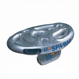 An empty, fully inflated silver Life Spa Bar floating snack tray and drink holder isolated on a white background, viewed from a side angle to showcase its built-in beverage pockets, side handle, and the attached water-weighted stability counterweight pouch hanging underneath.