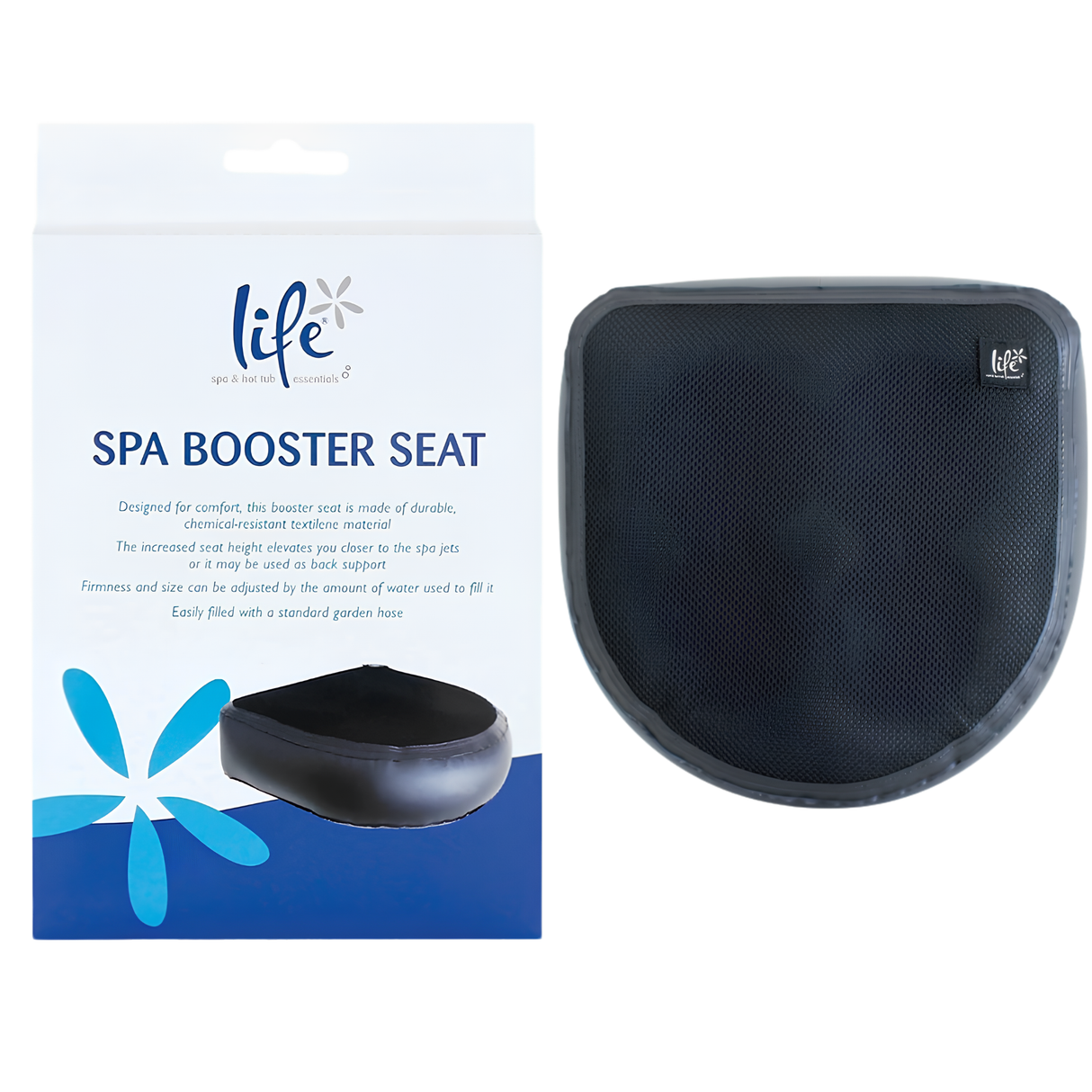 A studio product presentation of the Life Spa & Hot Tub Essentials Spa Booster Seat, showing the white and blue retail product box on the left and the unboxed black mesh hot tub cushion on the right, isolated on a white background.