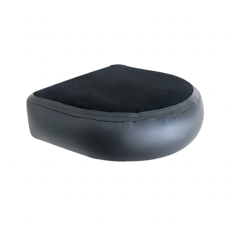 Three-quarter perspective studio product photo of a filled Life Spa booster seat cushion on an isolated white background, highlighting its thick smooth black PVC base and black textilene mesh top seating area.