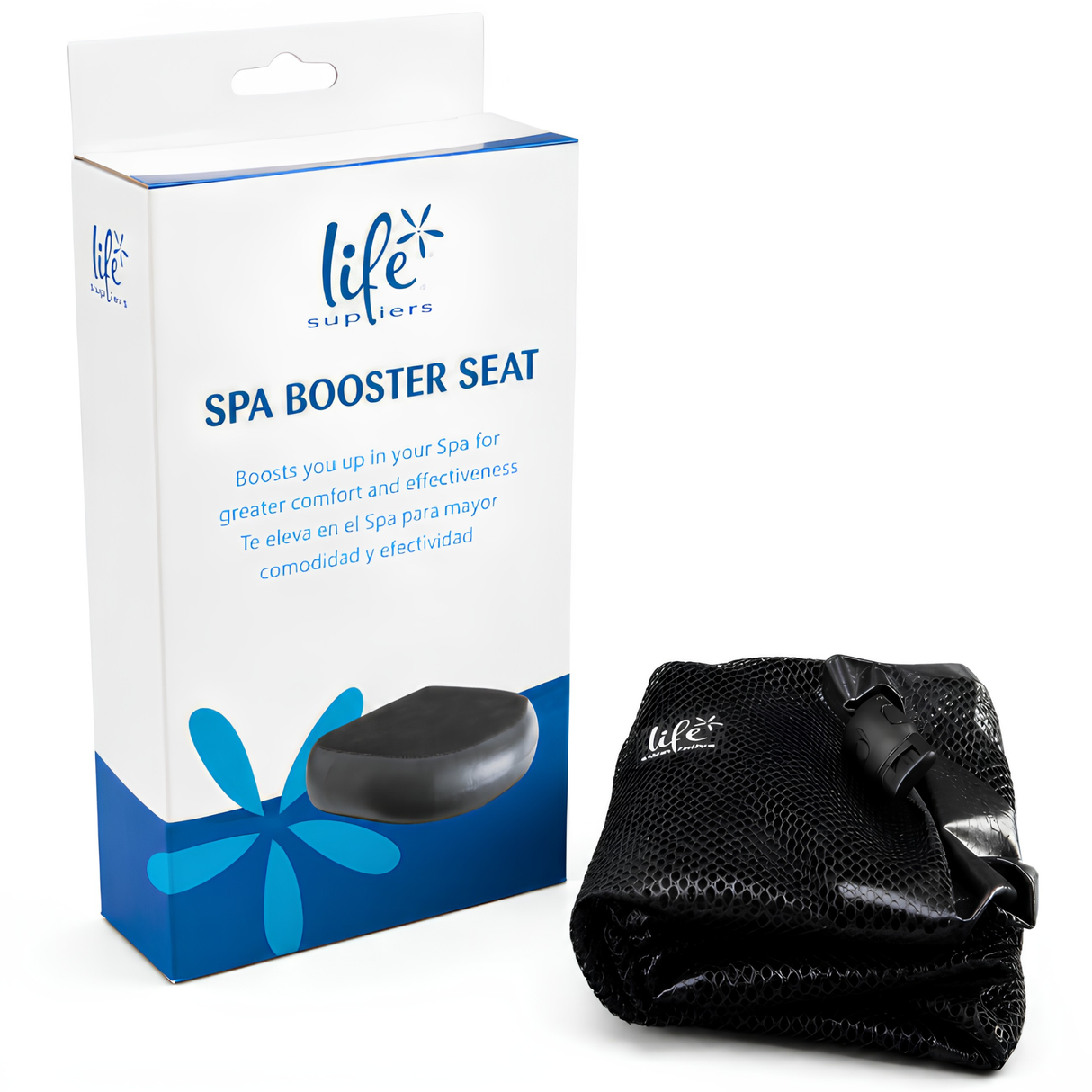 Three-quarter studio view of the Life Spa Booster Seat retail box next to the deflated and folded black mesh cushion, isolated on a white background. The white and blue packaging features English and Spanish text reading Boosts you up in your Spa for greater comfort and effectiveness.