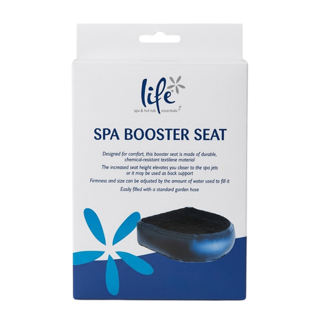 Front view studio photo of the Life Spa & Hot Tub Essentials Spa Booster Seat retail box on an isolated white background, detailing product description, features, and an image of the black mesh and blue water-filled cushion.
