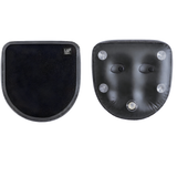 A side-by-side studio presentation of the black Life Spa Booster Seat isolated on a white background, showing the top-down view with its chemical-resistant textilene mesh cover and brand logo patch on the left, and the bottom view displaying four clear non-slip suction cups and a central water-fill valve on the right.