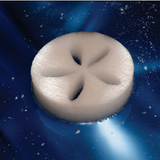 White Life Spa Disc foam sponge floating in dark blue hot tub water to remove oil and prevent scum lines.